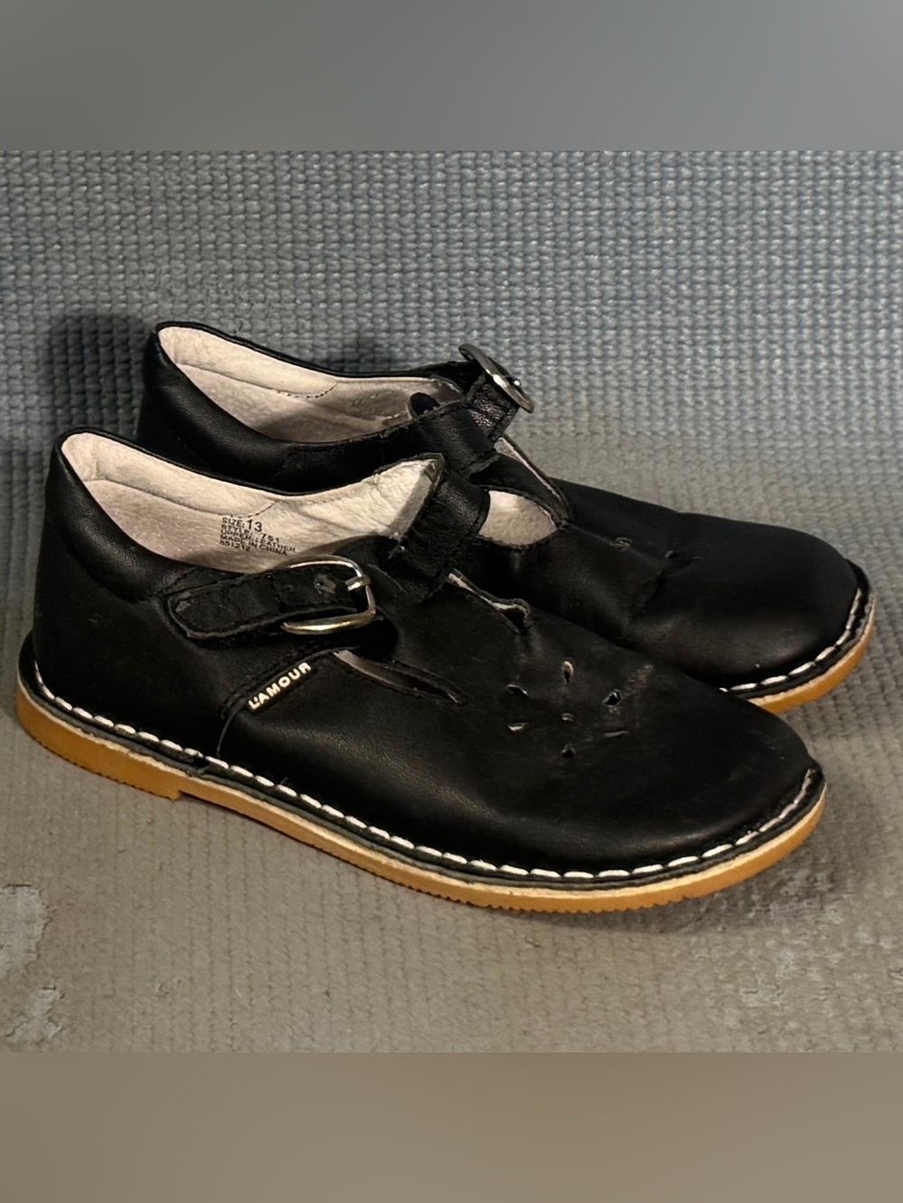 L'Amour Black Leather T-Strap Mary Jane Slip On Shoes Kid’s Size 13C - Picture 2 of 10